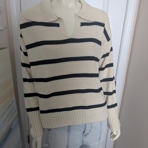 Cozy Casual Cream and Black Striped V-Neck Sweater